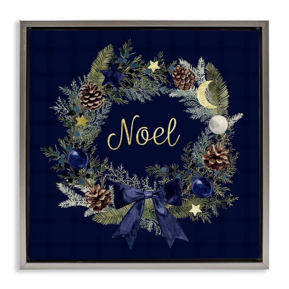 Stupell Industries Farmhouse Noel Holiday Wreath Gray Floating Frame Canvas Art, 18 x 18, by Victoria Barnes
