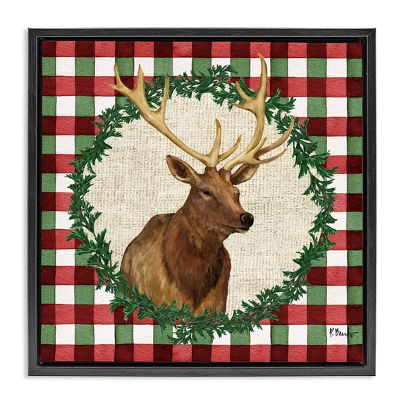 Stupell Industries Farmhouse Plaid Holiday Elk Black Floating Frame Canvas Art, 18 x 18, by Paul Brent