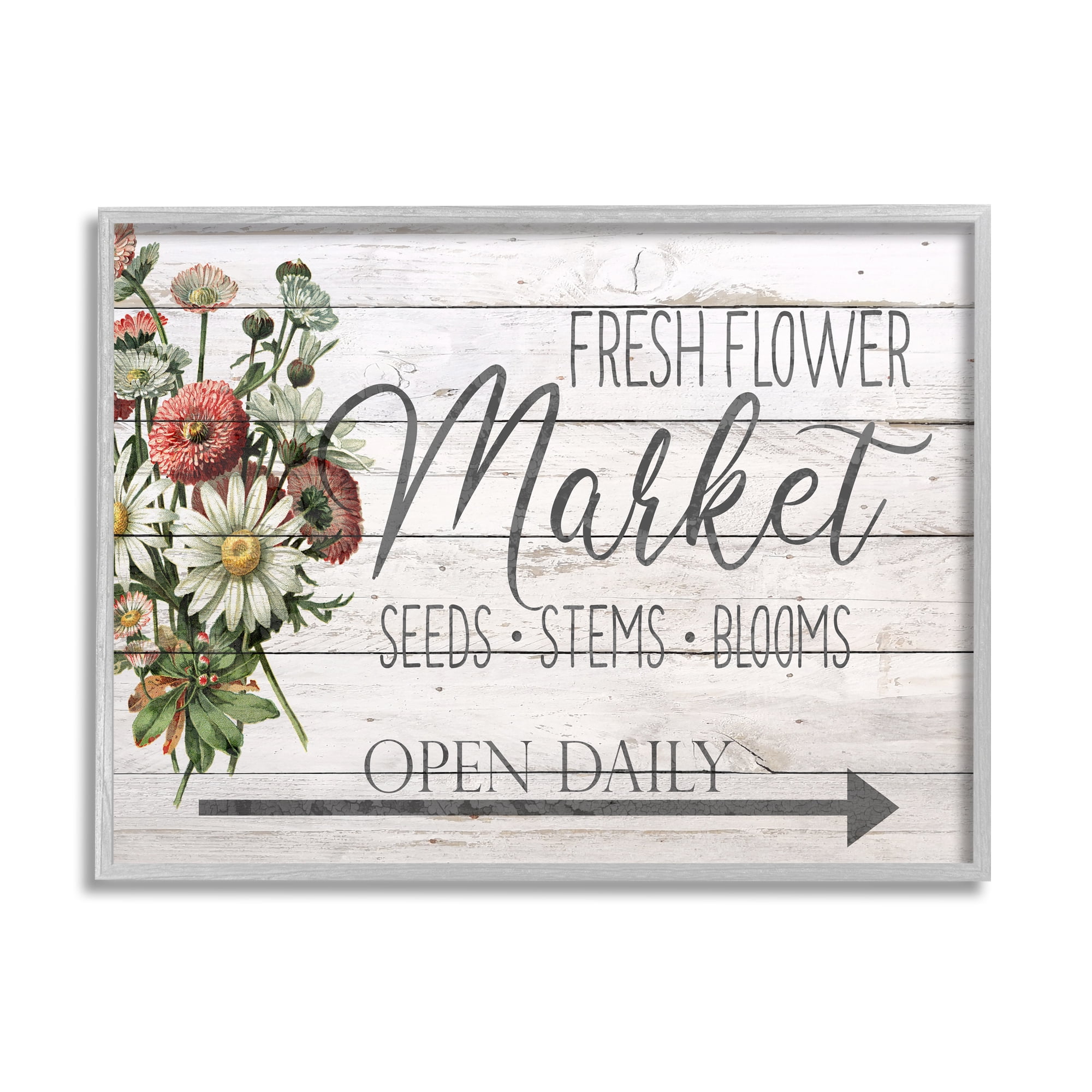 Stupell Industries Farmhouse Planked Look Fresh Flower Market Open Daily Graphic Art Gray Framed Art Print Wall Art, 16x20, by Ann Bailey