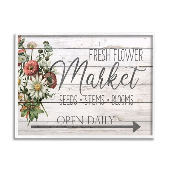 Stupell Industries Farmhouse Planked Look Fresh Flower Market Open Daily Graphic Art White Framed Art Print Wall Art, 16x20, by Ann Bailey