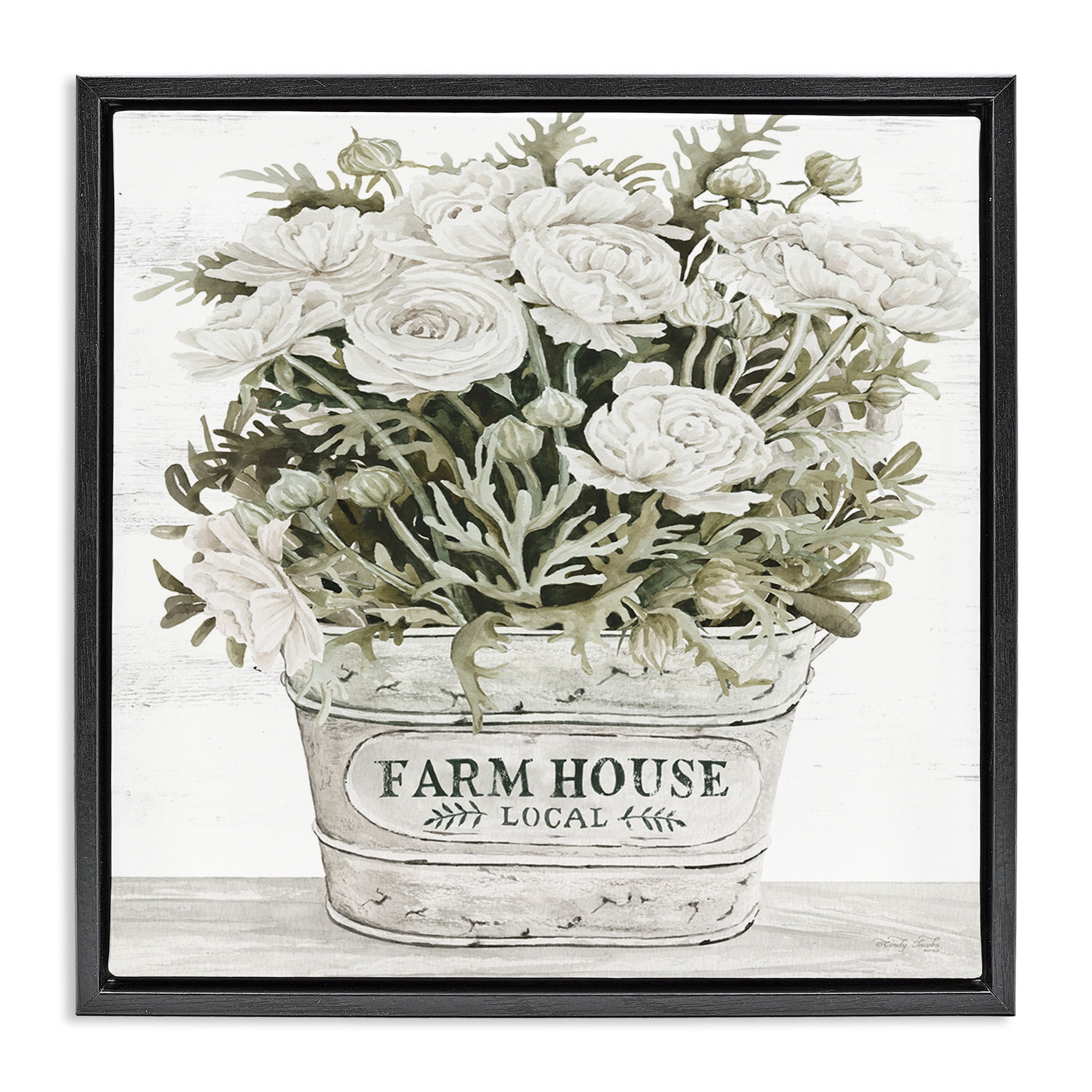 Stupell Industries Farmhouse Planter White Rose Blossoms Botanical & Floral Painting Black Floater Framed Canvas Art Print Wall Art, 18 x 18