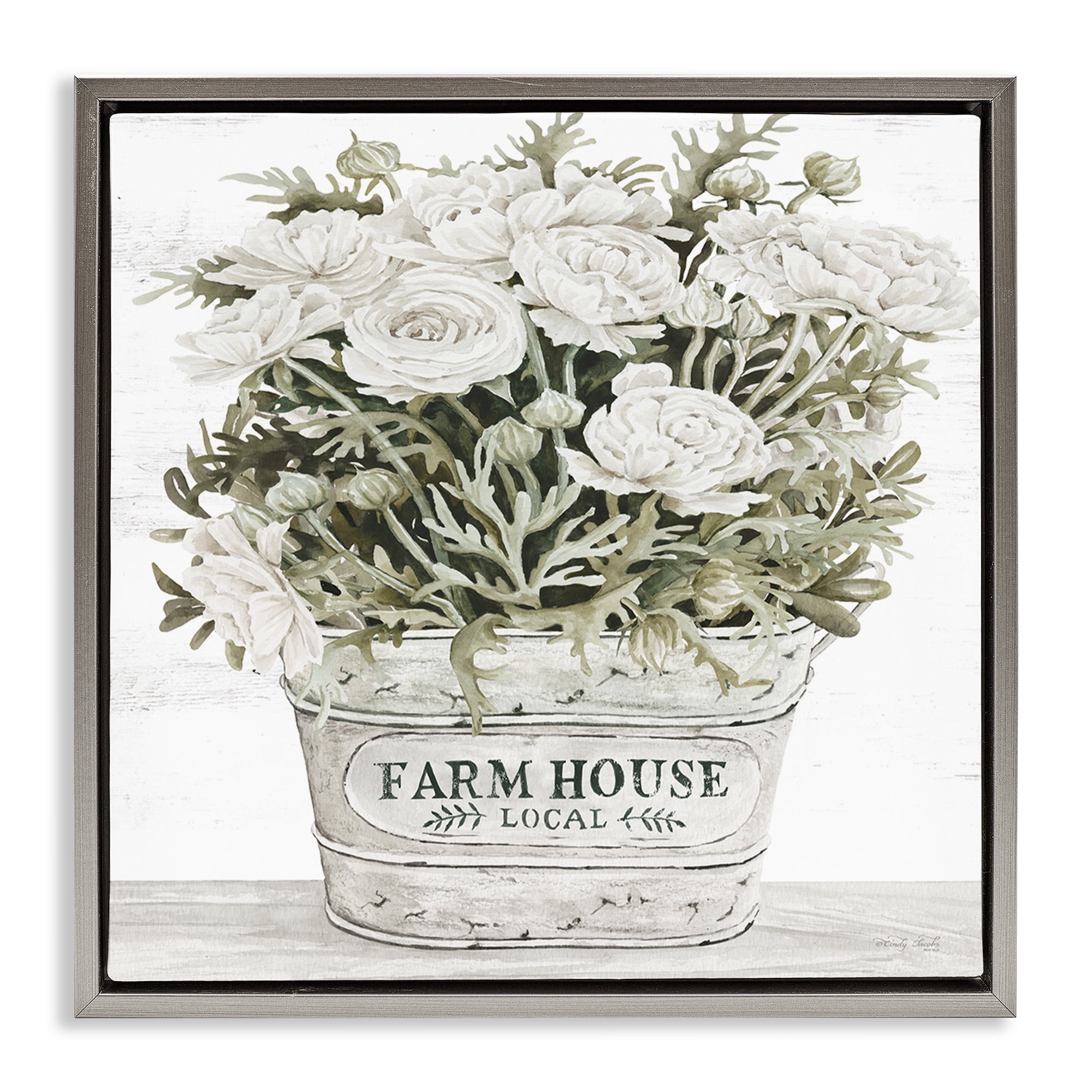 Stupell Industries Farmhouse Planter White Rose Blossoms Botanical & Floral Painting Gray Floater Framed Canvas Art Print Wall Art, 18 x 18