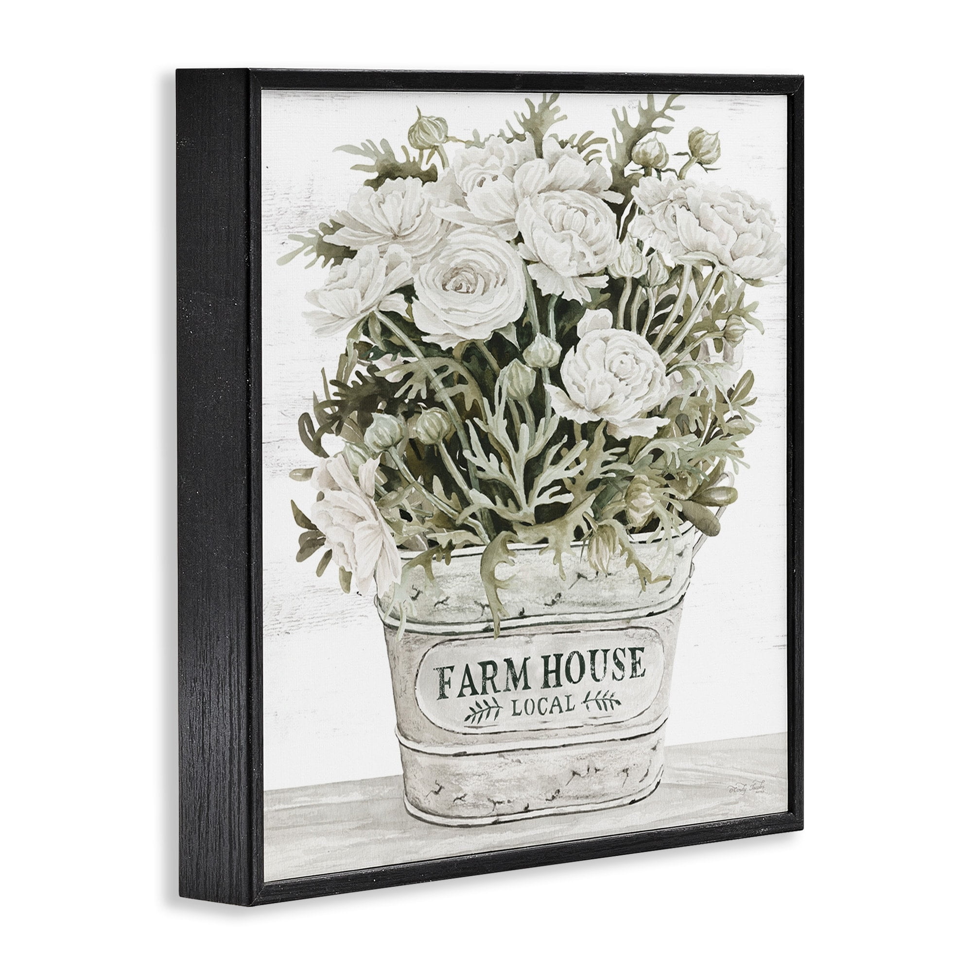 12" Square Black Framed Rustic Floral Wood Wall Art