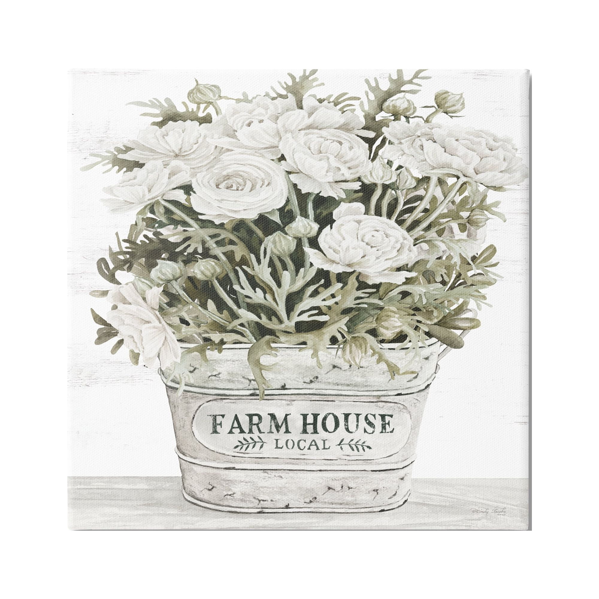 Stupell Industries Farmhouse Planter White Rose Blossoms Rustic Table Painting Gallery Wrapped Canvas Print Wall Art, Design by Cindy Jacobs
