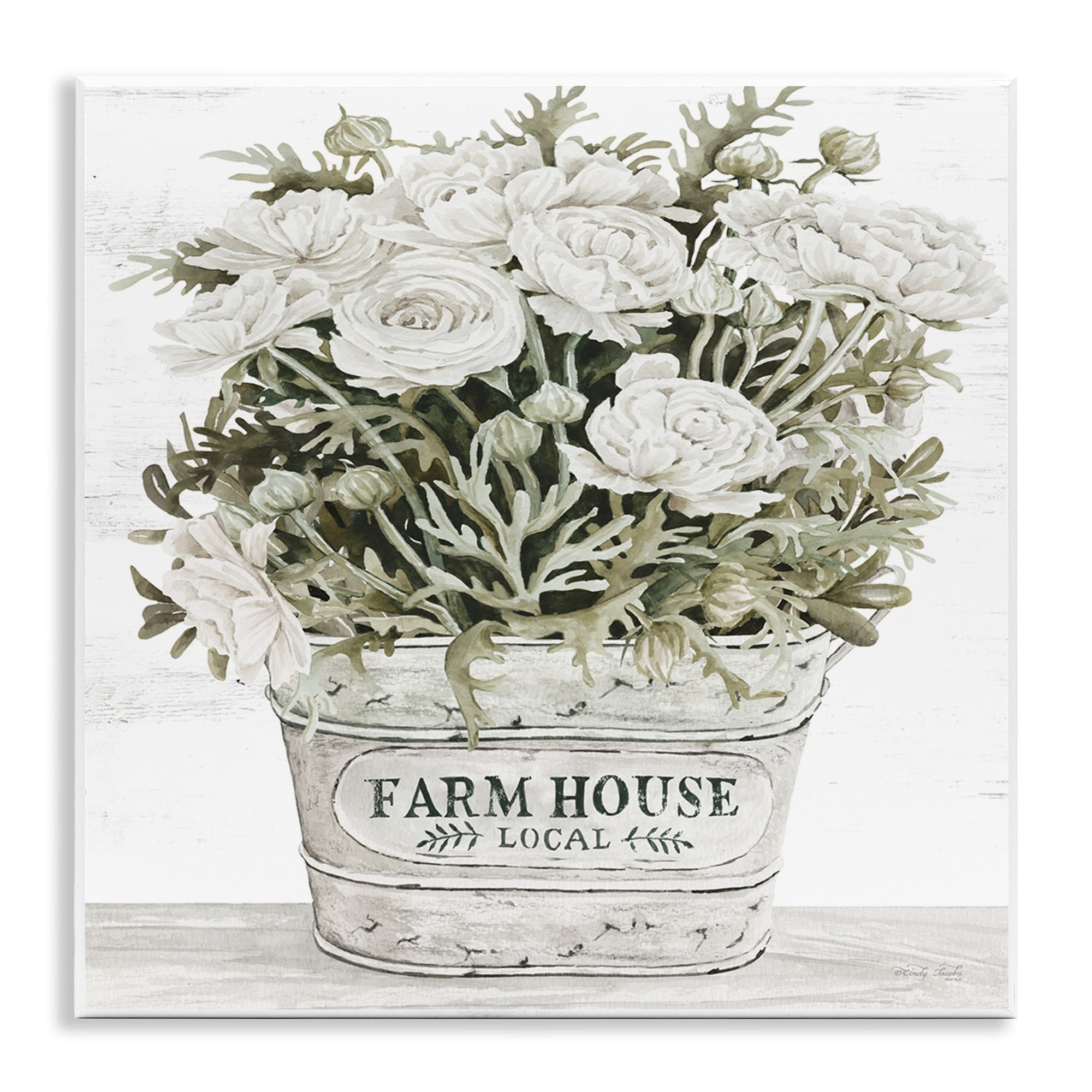 Stupell Industries Farmhouse Planter White Rose Blossoms Rustic Table Painting Unframed Art Print Wall Art, Design by Cindy Jacobs
