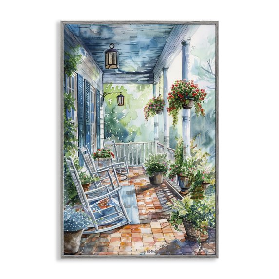 Stupell Industries Farmhouse Potted Geraniums Porch Gray Framed Giclee Art, 16 x 24, by Franklyn Gregory