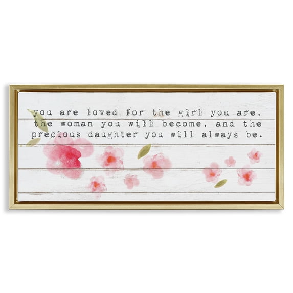 Stupell Industries Farmhouse Precious Daughter with Pink Flowers Gold Floating Frame Canvas Art, 31 x 14, by Lil' Rue