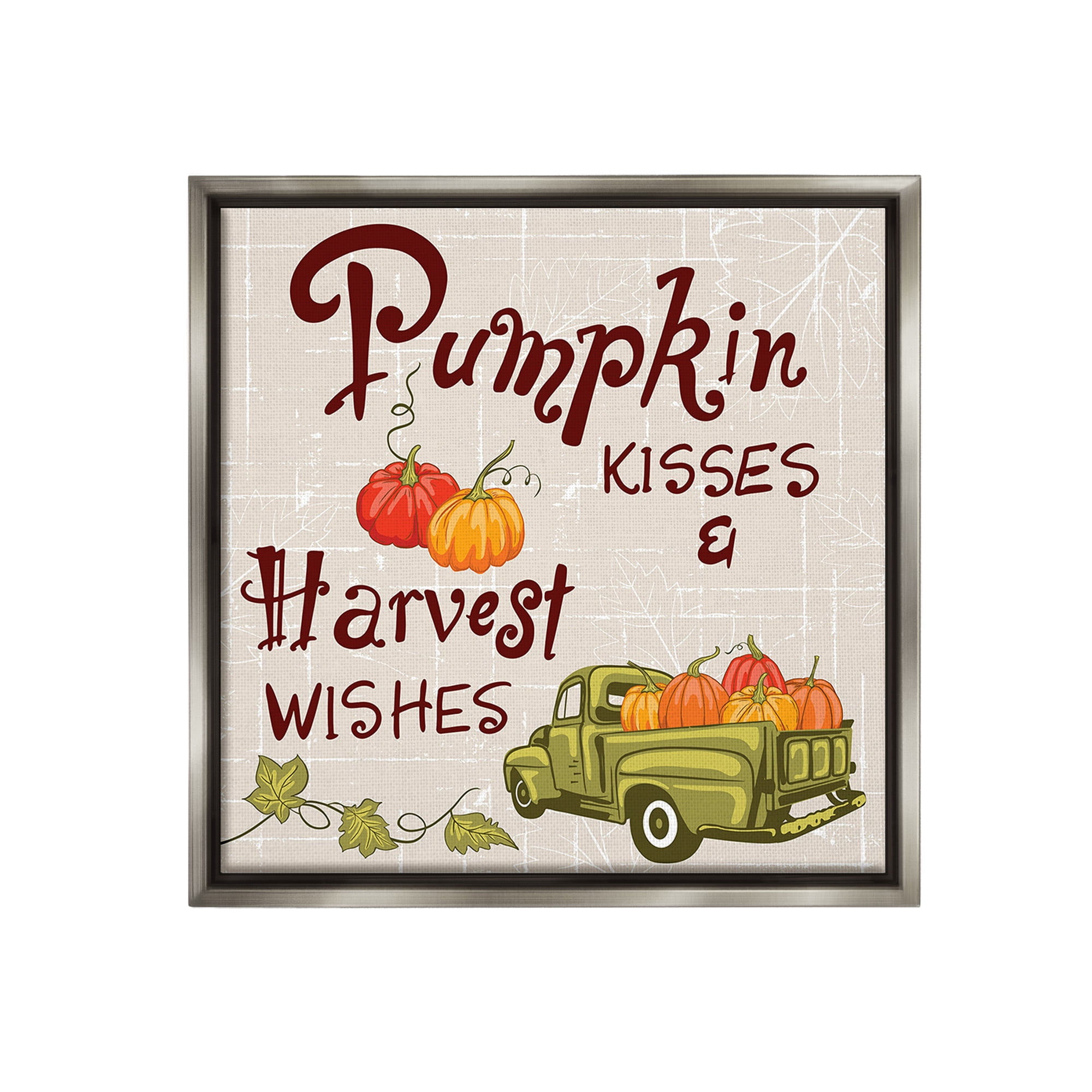 Stupell Industries Farmhouse Pumpkin Kisses Holiday Painting Gray Floater Framed Canvas Art Print Wall Art, 18 x 18