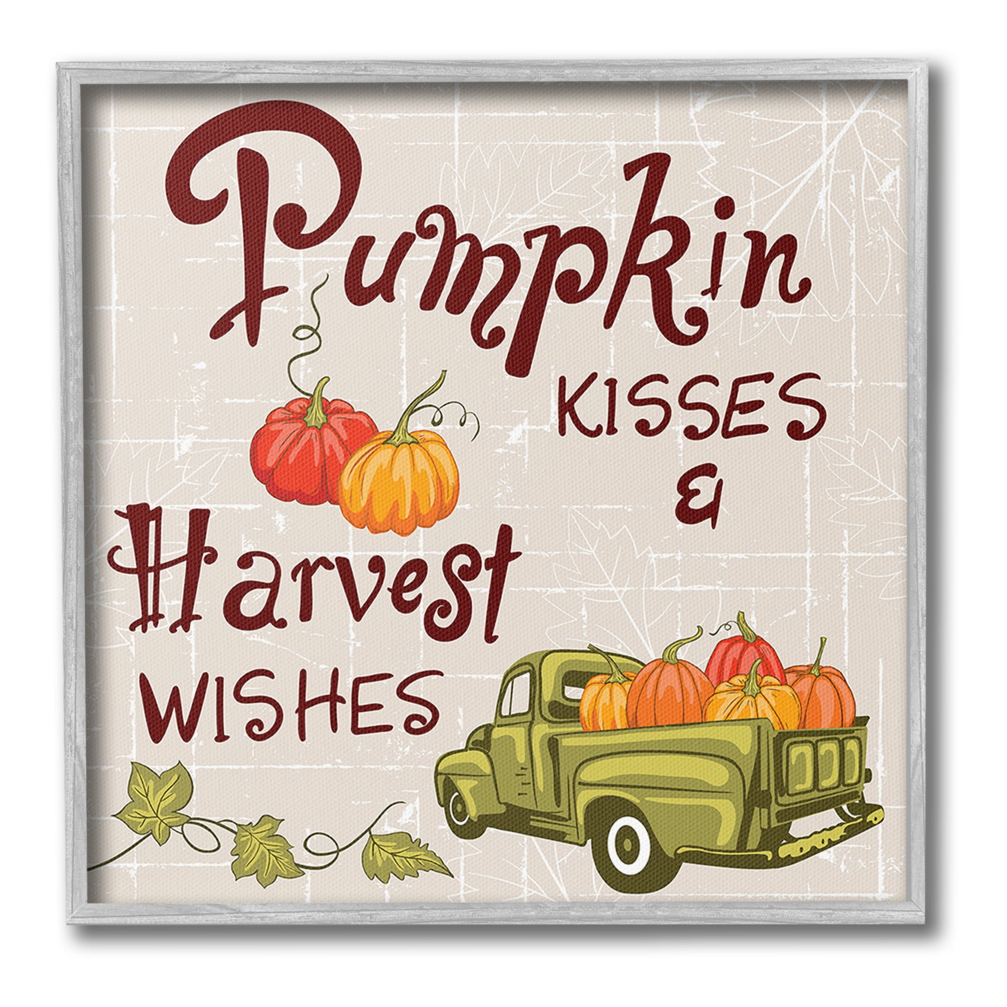 Stupell Industries Farmhouse Pumpkin Kisses Holiday Painting Gray Framed Art Print Wall Art, 17 x 17