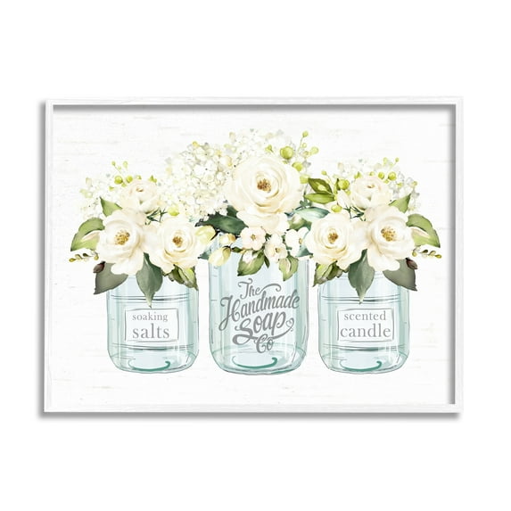Stupell Industries Farmhouse Rose Blossom Bouquets Varied Country Jars Graphic Art White Framed Art Print Wall Art, Design by Lettered and Lined