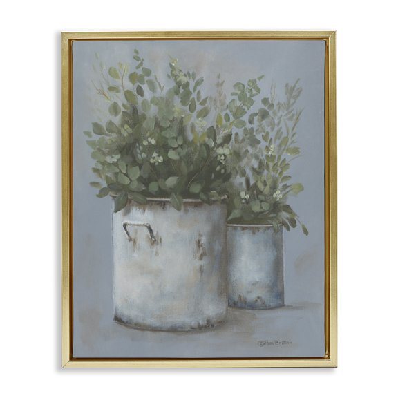 Stupell Industries Farmhouse Rustic Country Potted Plants Gold Floating Frame Canvas Art, 17 x 21, by Pam Britton