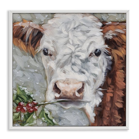 Stupell Industries Farmhouse Snowy Winter Cow Holly Berries White Framed Giclee Art, 12 x 12, by Sara G. Designs