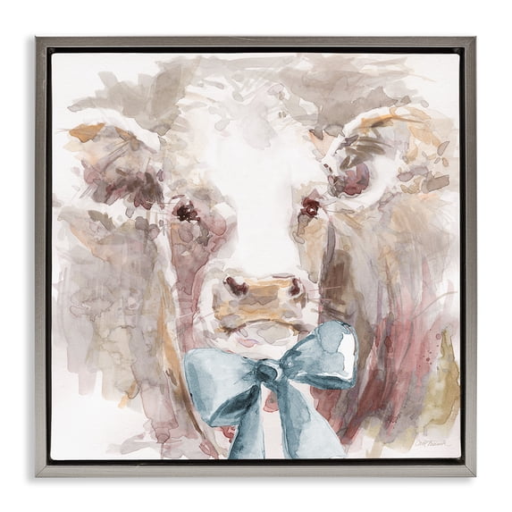 Stupell Industries Farmhouse Soft Abstract Cow & Bow Gray Floating Frame Canvas Art, 18 x 18, by Carol Robinson