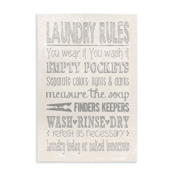 Stupell Industries Farmhouse Soft Grey Textured Laundry Rules Wash Rinse Dry Typography Wall Plaque Art, 10 x 15, by Jo Moulton