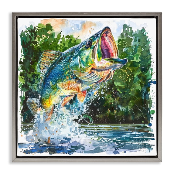 Stupell Industries Farmhouse Splashing Bass Fish Gray Floating Frame Canvas Art, 25 x 25, by LSR Design Studio
