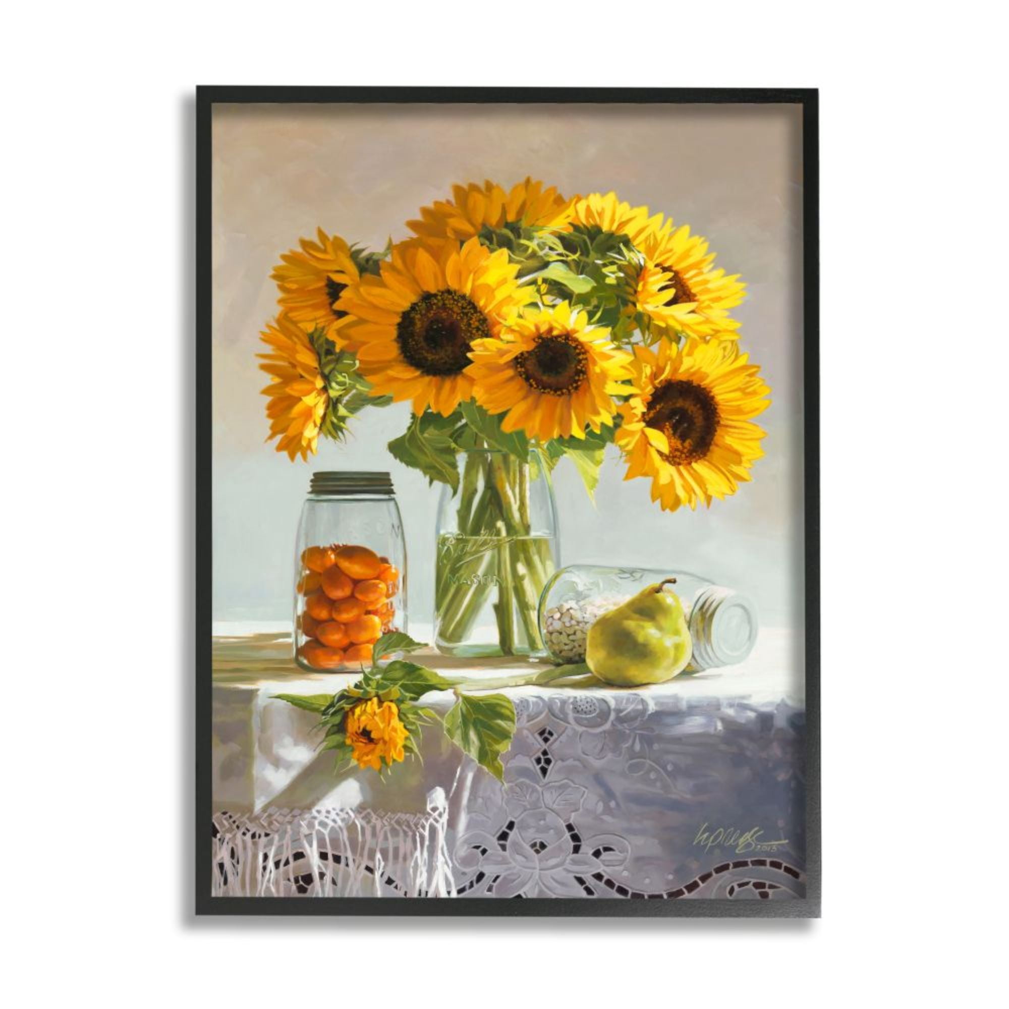 Stupell Industries Farmhouse Sunflower Still Life Country Fruit Jars Design by Heide Presse, 11" x 14", Black Framed