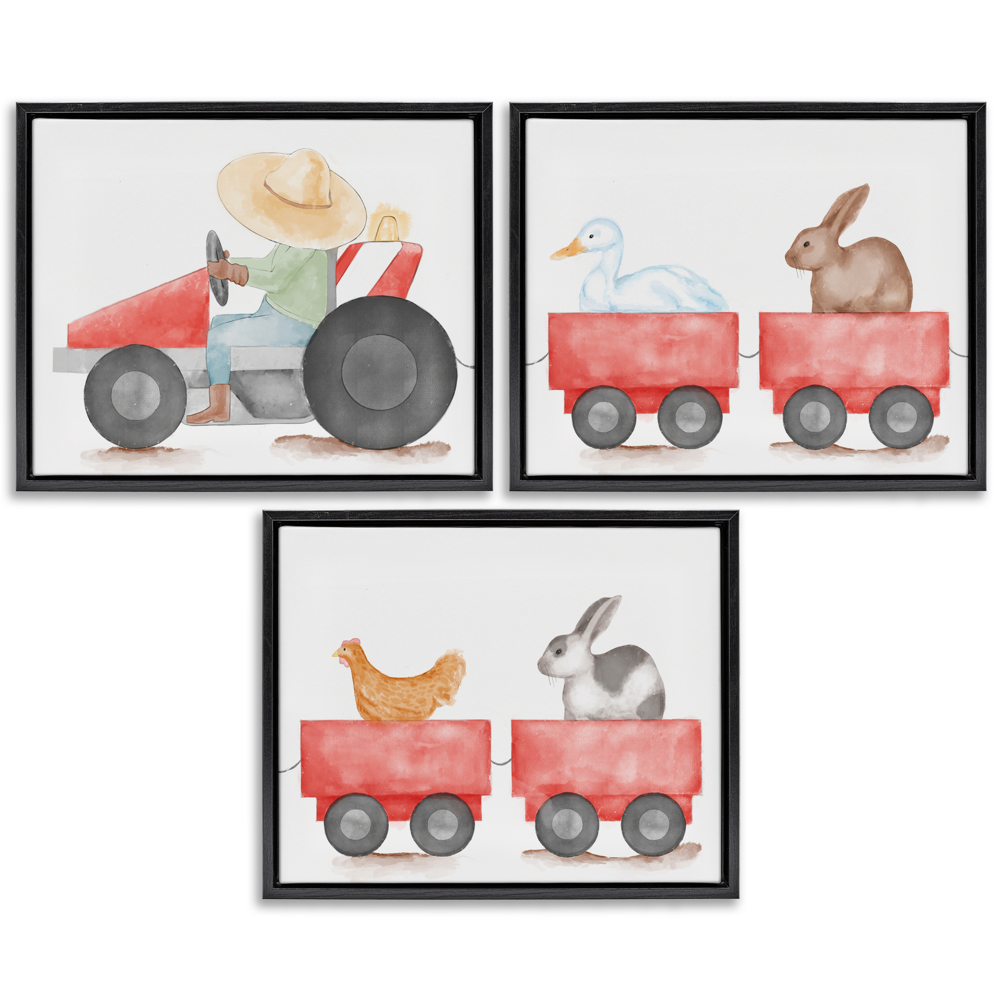 Stupell Industries Farmhouse Tractor Animals Transportation Painting Black Floater Framed Canvas Art Print Wall Art, 21 x 17, Set of 3
