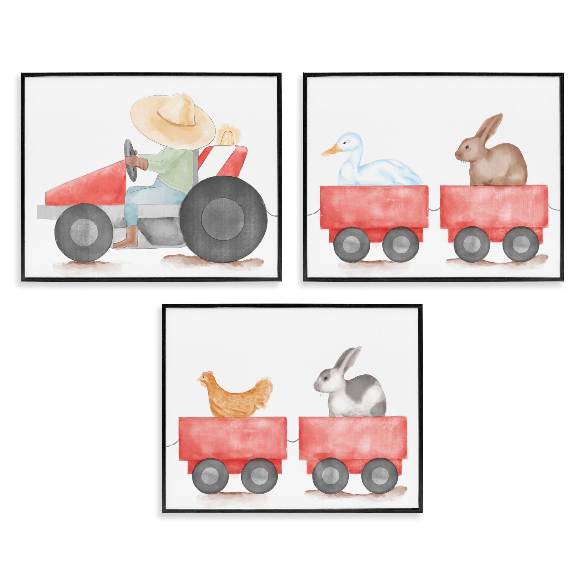 Stupell Industries Farmhouse Tractor Animals Transportation Painting Black Framed Art Print Wall Art, 20 x 16, Set of 3