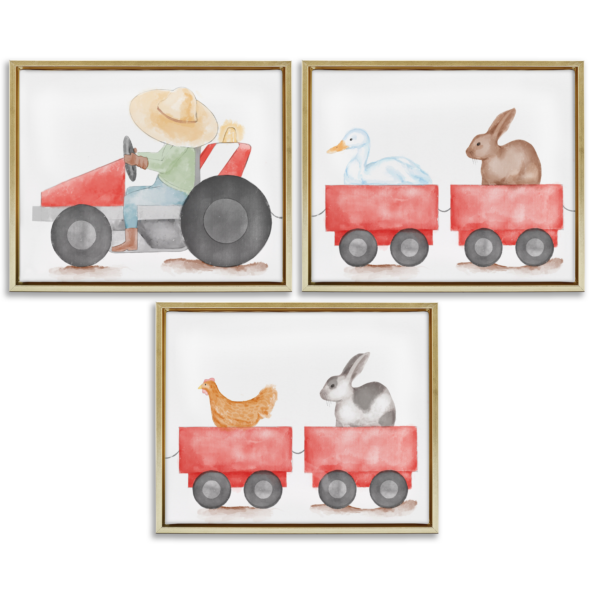 Stupell Industries Farmhouse Tractor Animals Transportation Painting Gold Floater Framed Canvas Art Print Wall Art, 21 x 17, Set of 3