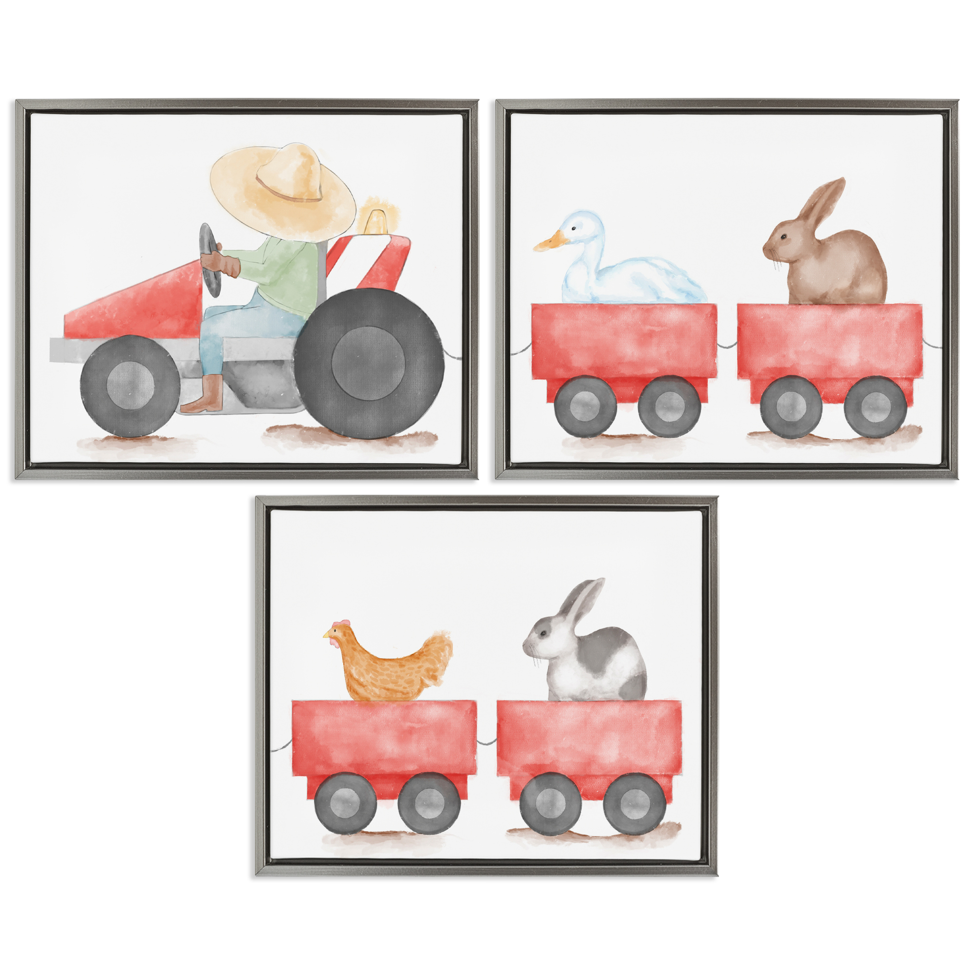 Stupell Industries Farmhouse Tractor Animals Transportation Painting Gray Floater Framed Canvas Art Print Wall Art, 21 x 17, Set of 3
