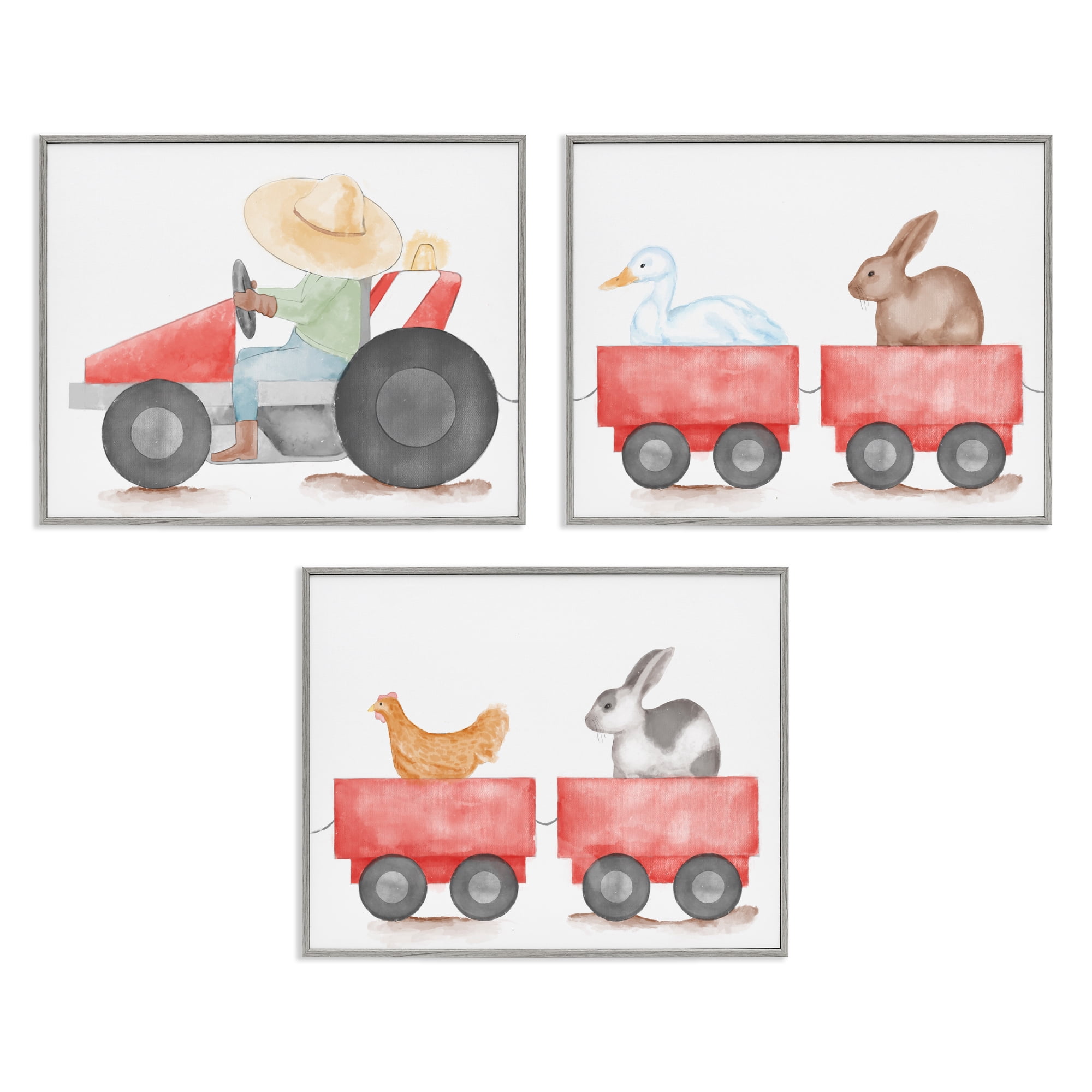 Stupell Industries Farmhouse Tractor Animals Transportation Painting Gray Framed Art Print Wall Art, 30 x 24, Set of 3