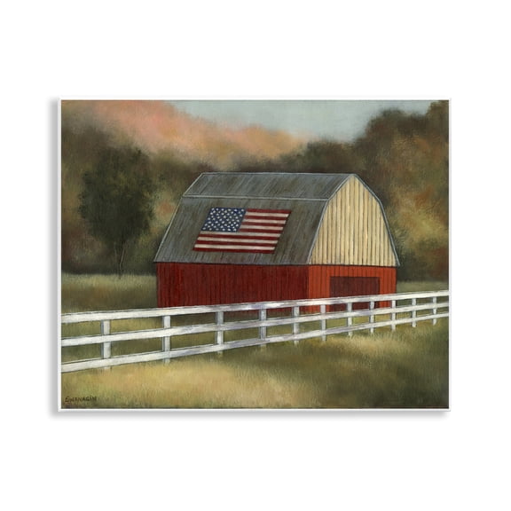 Stupell Industries Farmhouse Tranquil Barn with American Flag Wall Plaque Art, 14 x 11, by David Swanagin