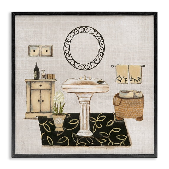 Stupell Industries Farmhouse Vintage Luxurious Bathroom Black Framed Giclee Art, 12 x 12, by Janet Tava
