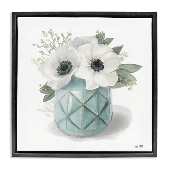 Stupell Industries Farmhouse White Flowers in Turquoise Vase Black Floating Frame Canvas Art, 18 x 18, by House Fenway