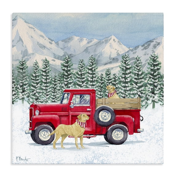 Stupell Industries Farmhouse Winter Pups Holiday Red Truck Canvas Art, 17 x 17, by Paul Brent