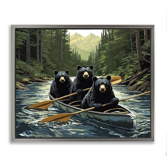 Stupell Industries Farmhouse Woodland Canoeing Bears Gray Floating Frame Canvas Art, 21 x 17, by Jim Baldwin