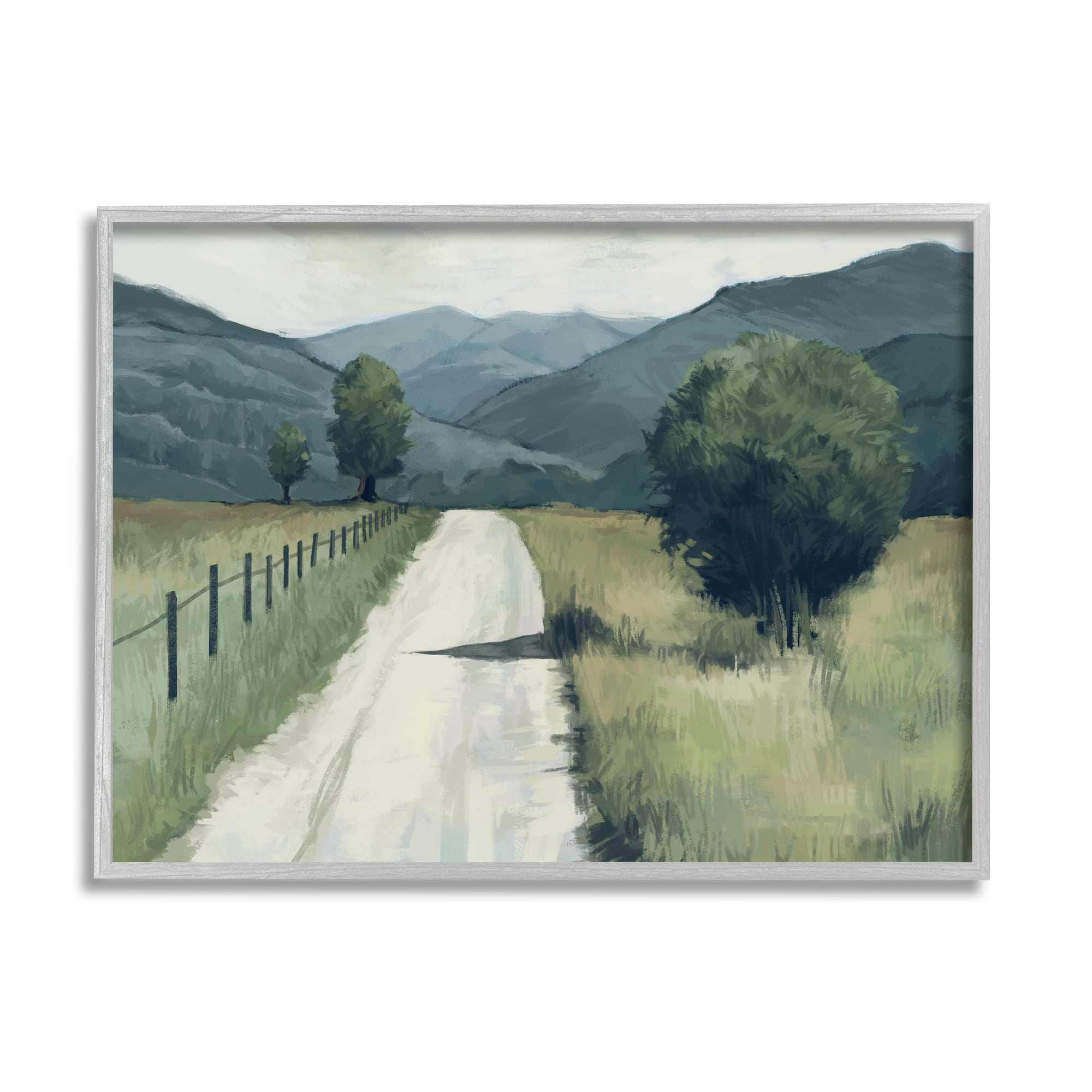 Gray Framed Green Blue Landscape Watercolor Painting, 30x24
