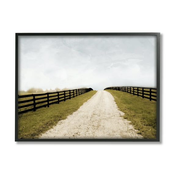 Stupell Industries Farmland Path with Fence Landscape Painting Black Framed Art Print Wall Art, 14 x 11