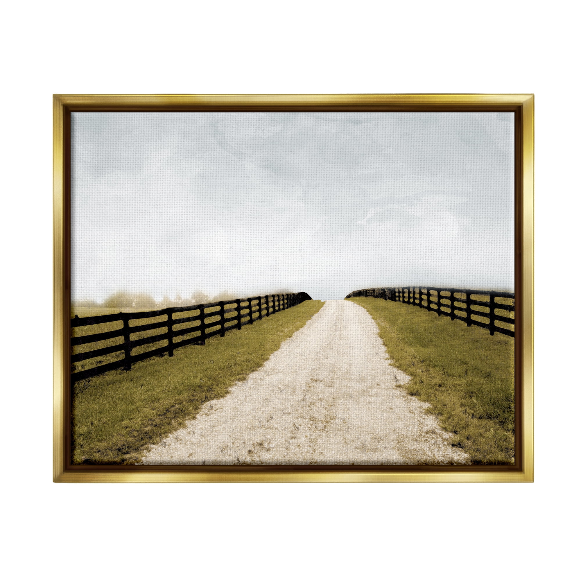 Stupell Industries Farmland Path with Fence Landscape Painting Gold Floater Framed Canvas Art Print Wall Art, 21 x 17