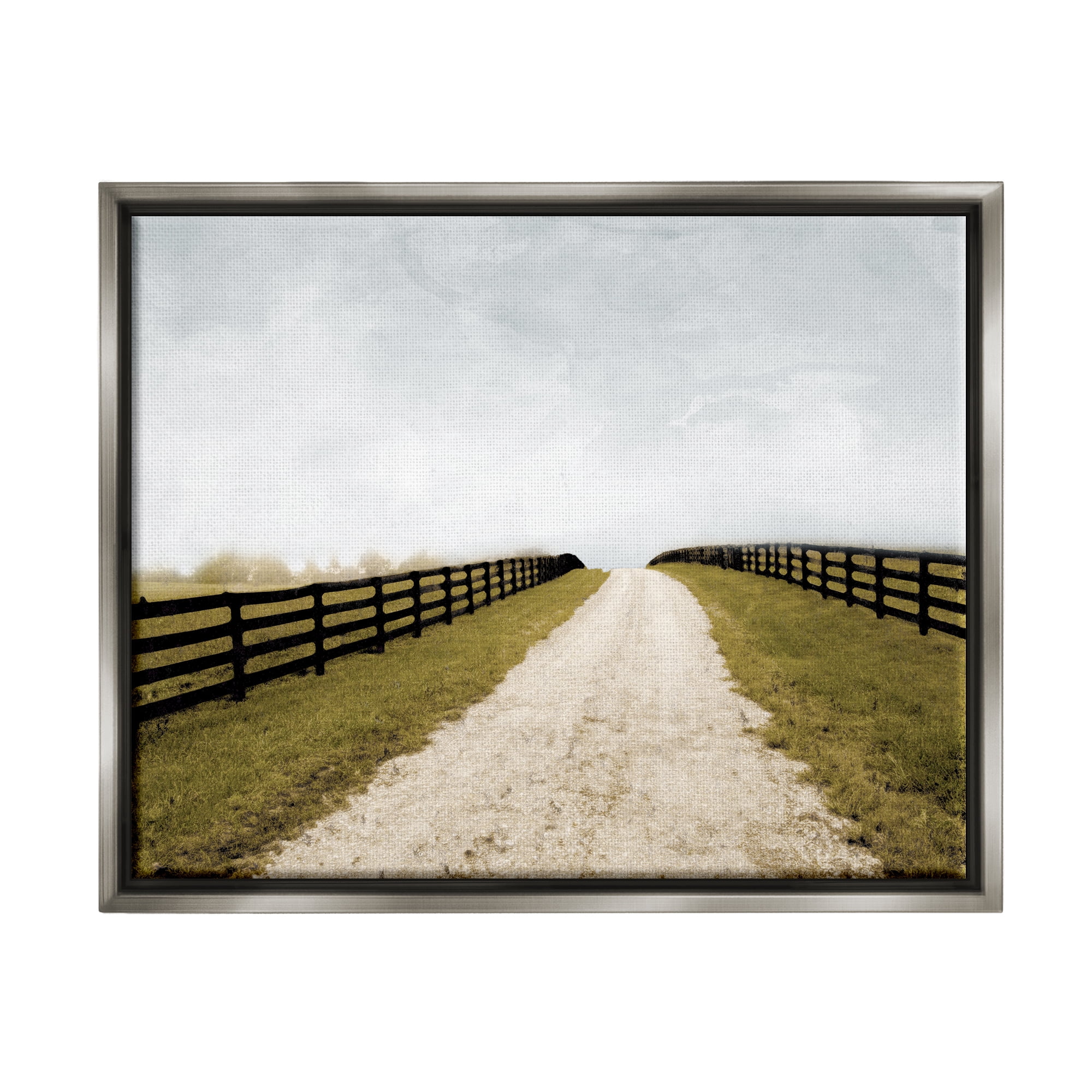 Stupell Industries Farmland Path with Fence Landscape Painting Gray Floater Framed Canvas Art Print Wall Art, 21 x 17