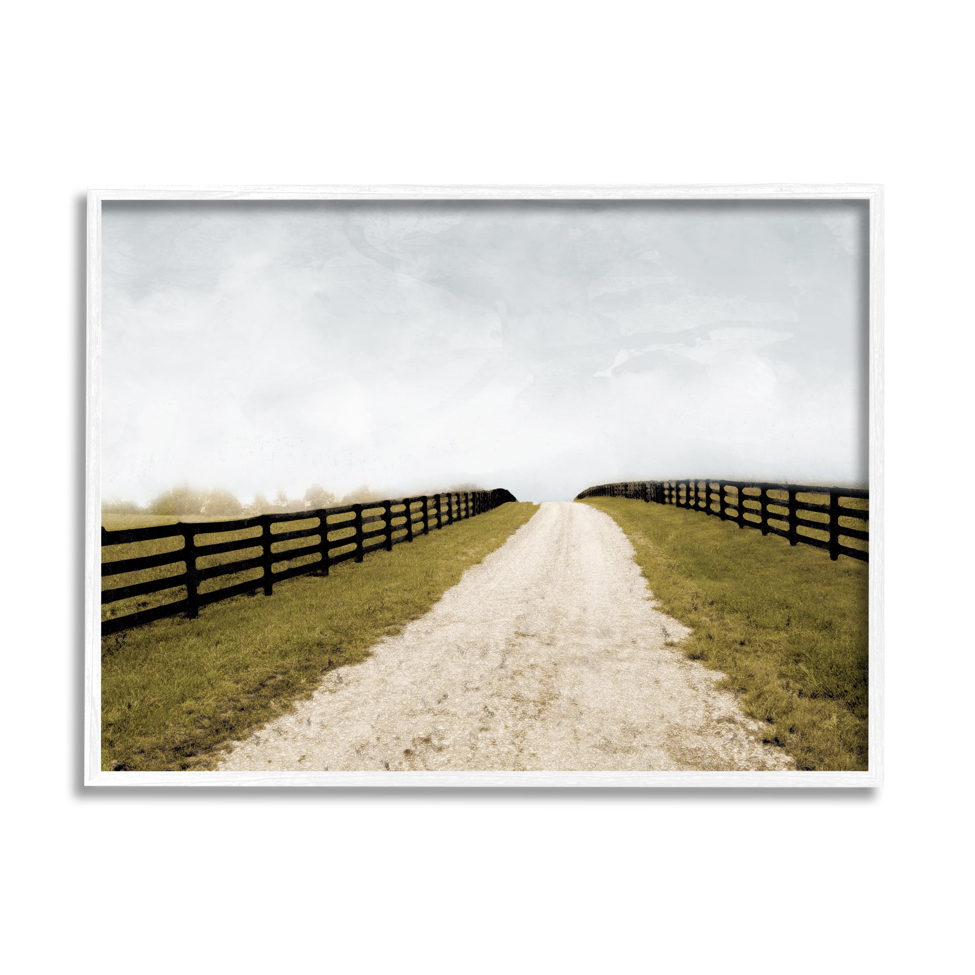 Stupell Industries Farmland Path with Fence Landscape Painting White Framed Art Print Wall Art, 14 x 11