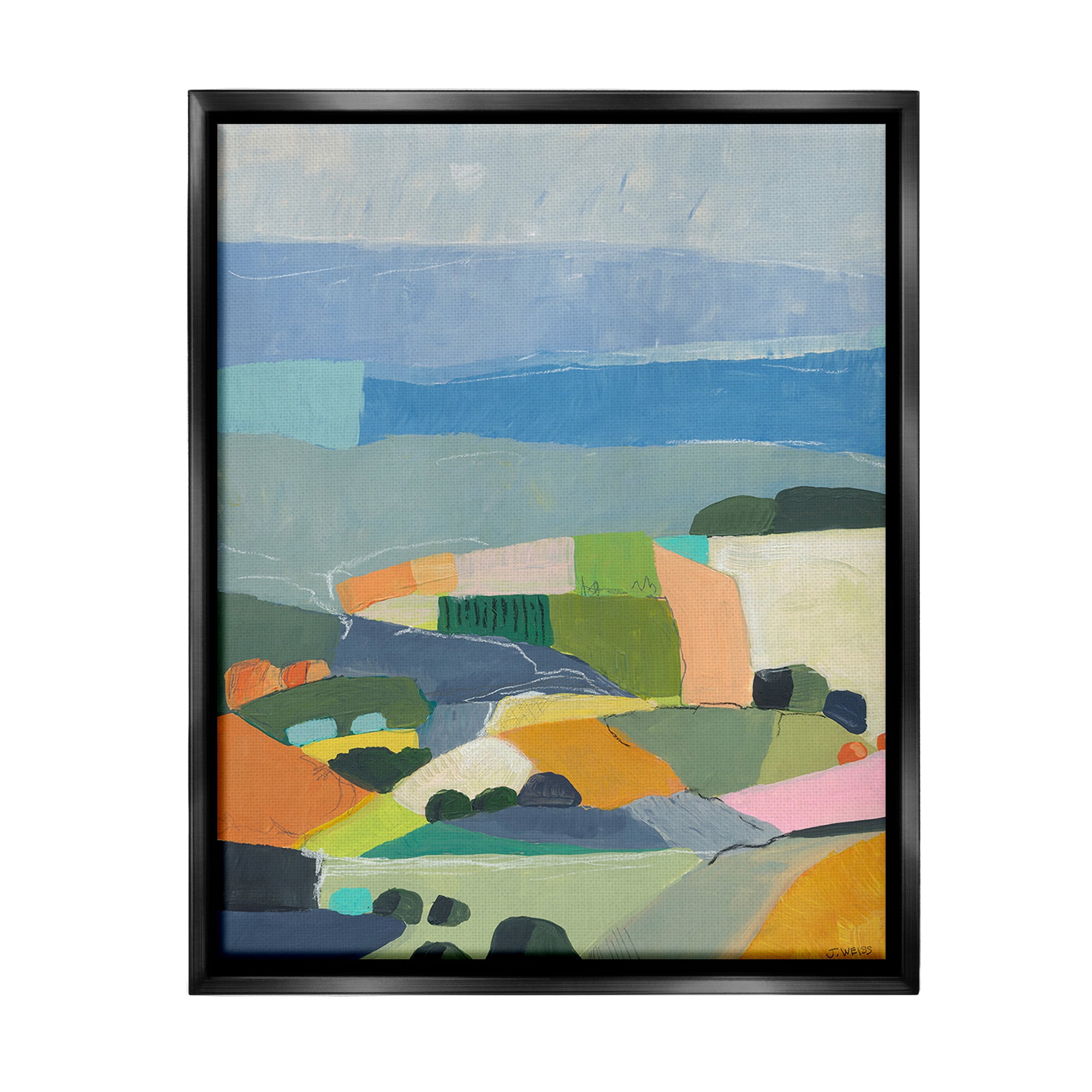 Stupell Industries Farmland Shapes Abstraction Landscape Painting Black Floater Framed Canvas Art Print Wall Art, 25 x 31
