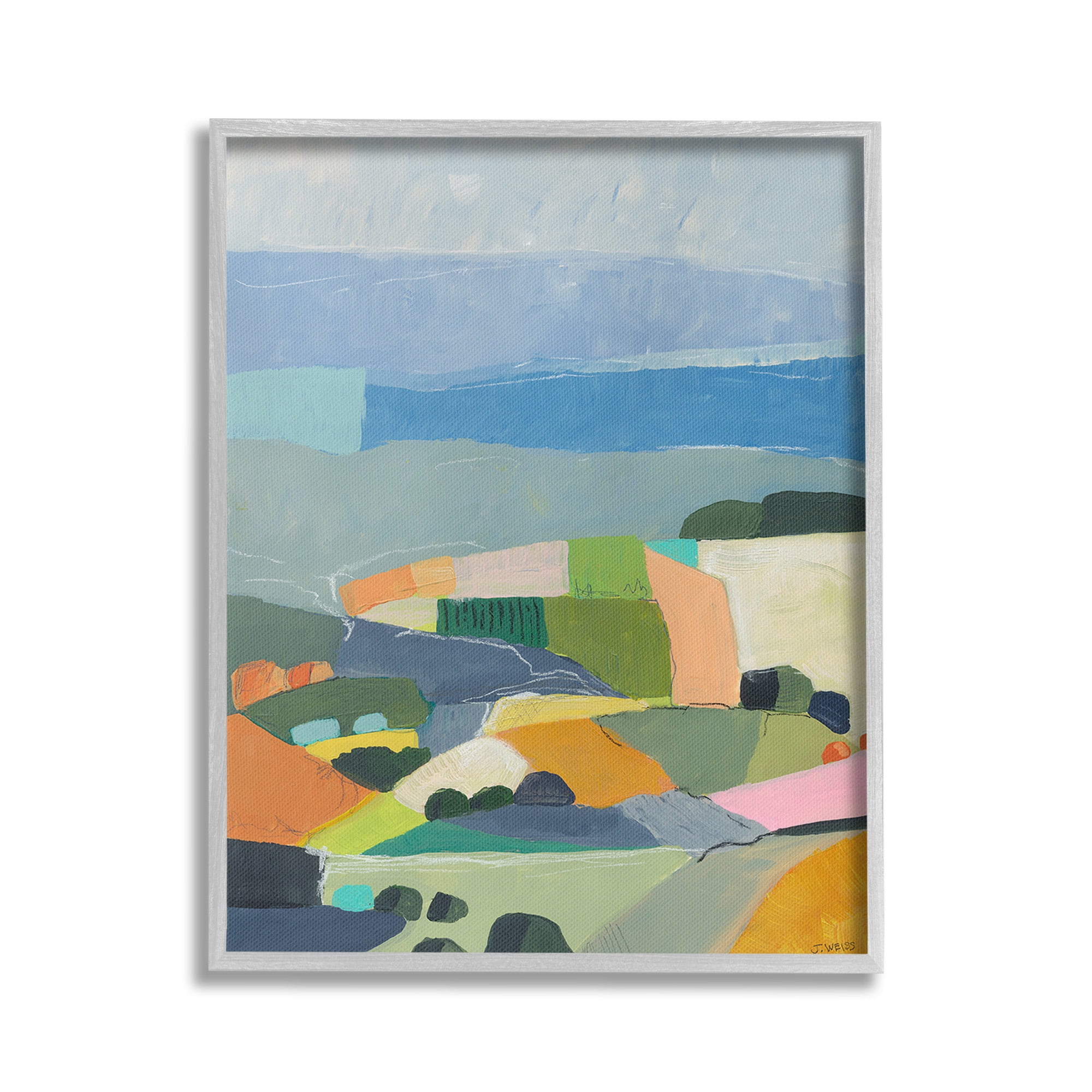 Stupell Industries Farmland Shapes Abstraction Landscape Painting Gray Framed Art Print Wall Art, 24 x 30