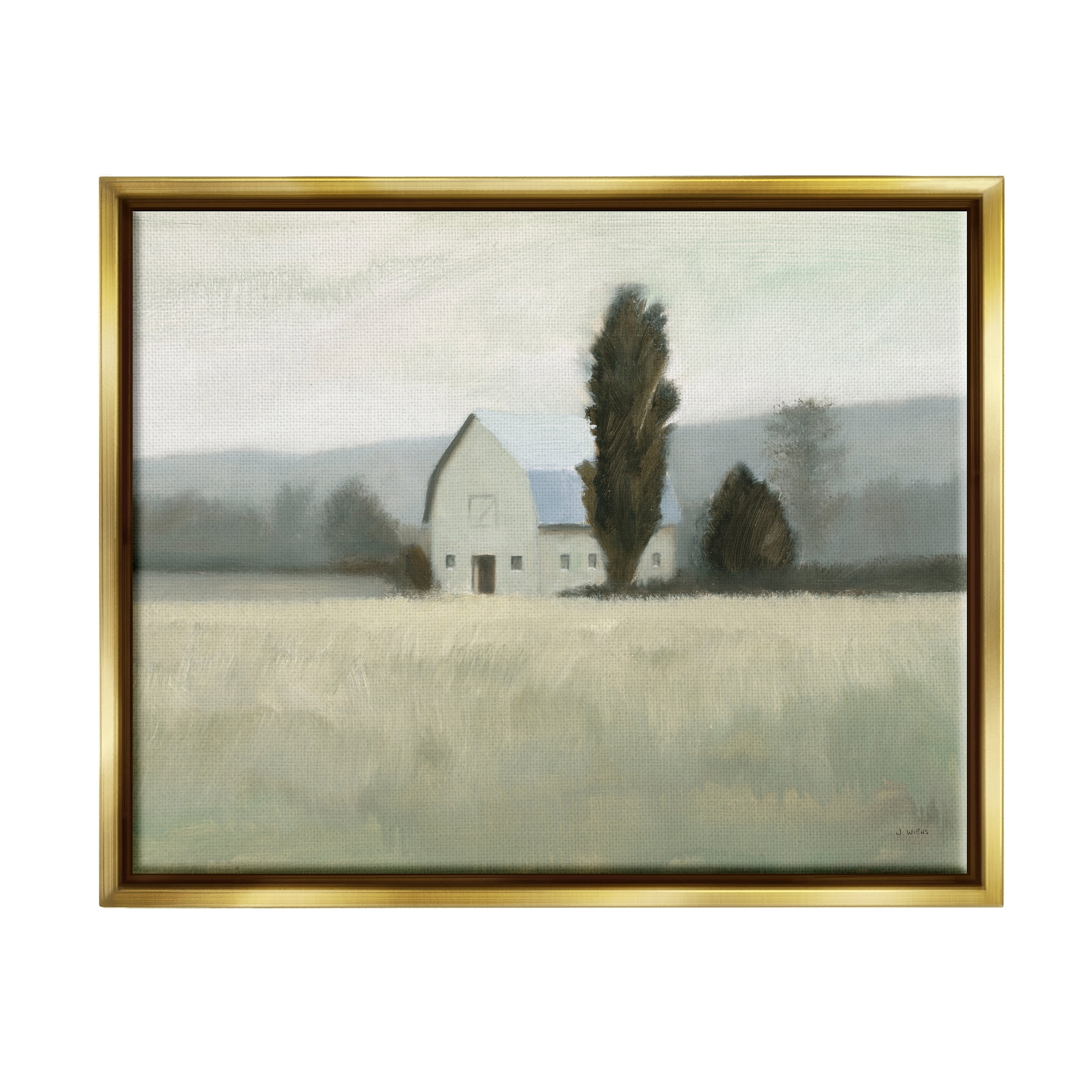 Stupell Industries Farmside Landscape White Barn Green Meadow Metallic Gold Framed Floating Canvas Wall Art, 16x20, by James Wiens