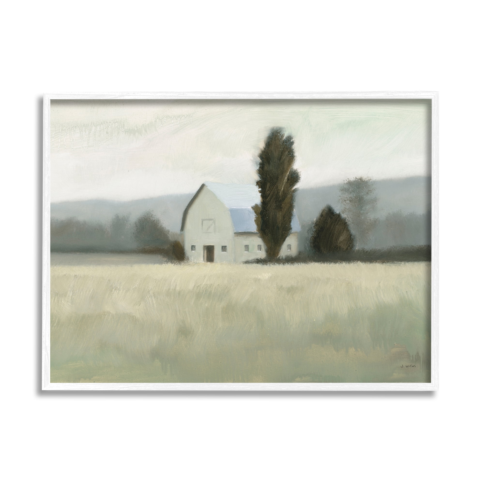 Stupell Industries Farmside Landscape White Barn Green Meadow Painting Framed Art Print Wall Art, 14x11, By James Wiens