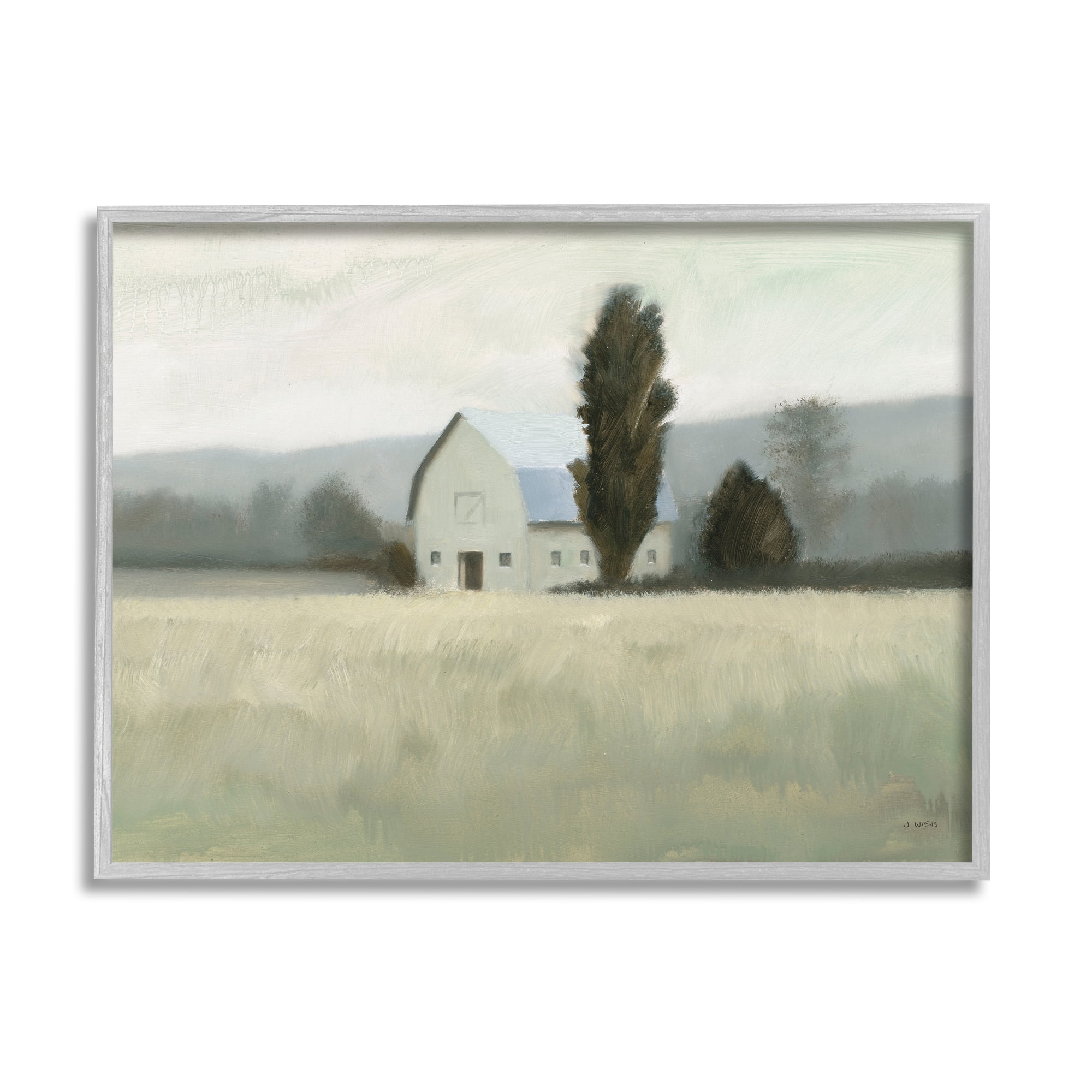 Stupell Industries Farmside Landscape White Barn Green Meadow Painting Framed Art Print Wall Art, 30x24, By James Wiens