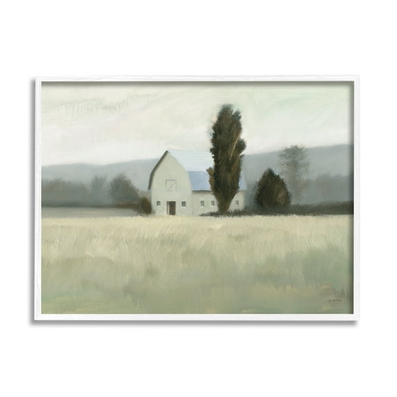 Stupell Industries Farmside Landscape White Barn Green Meadow Painting Framed Art Print Wall Art, 30x24, By James Wiens