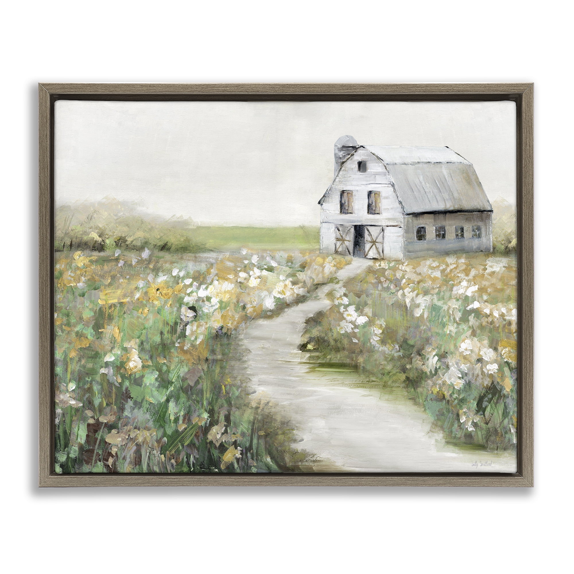 Stupell Industries Farmyard Path to Barn Landscape & Nature Painting Brown Floater Framed Canvas Art Print Wall Art, 21 x 17