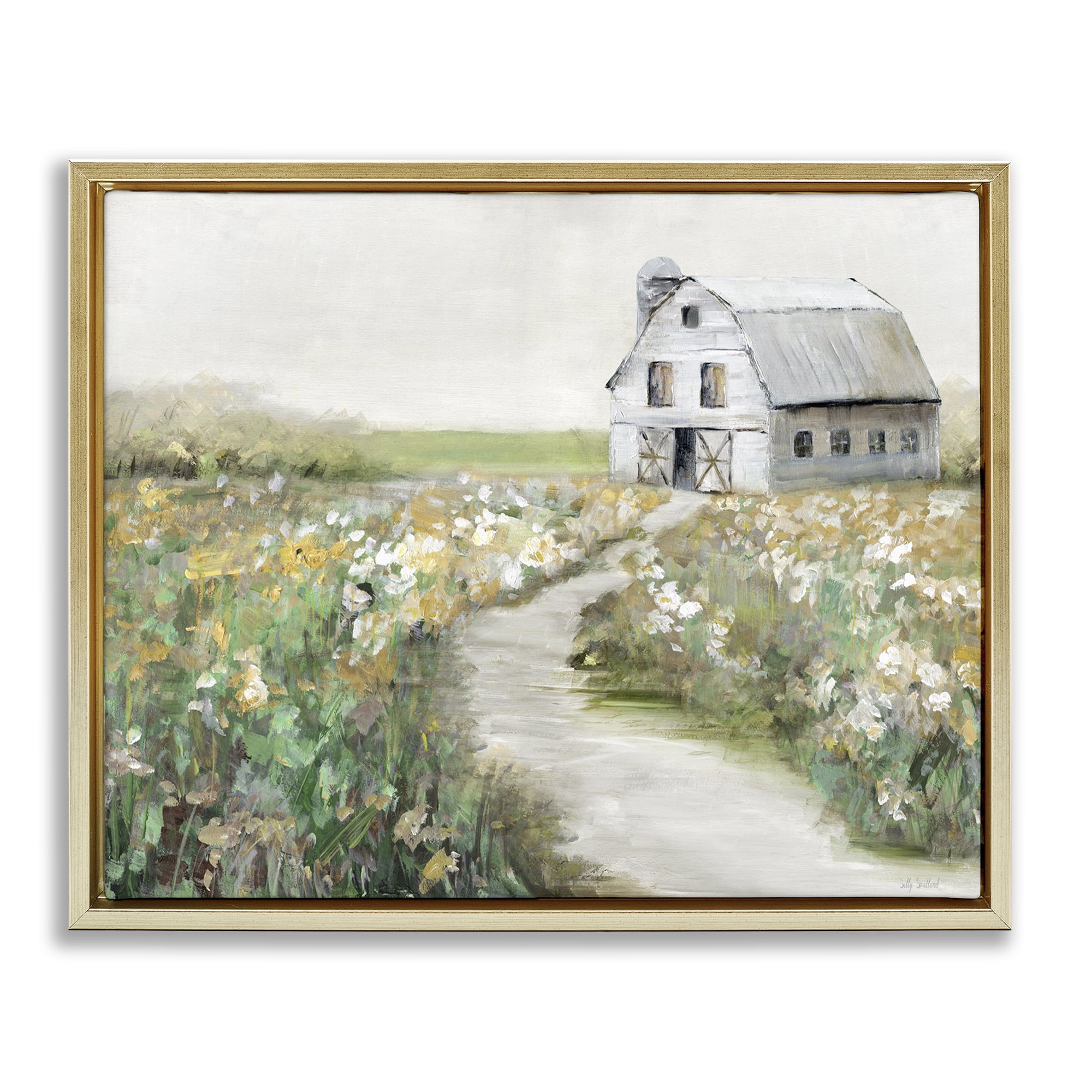 Stupell Industries Farmyard Path to Barn Landscape & Nature Painting Gold Floater Framed Canvas Art Print Wall Art, 31 x 25