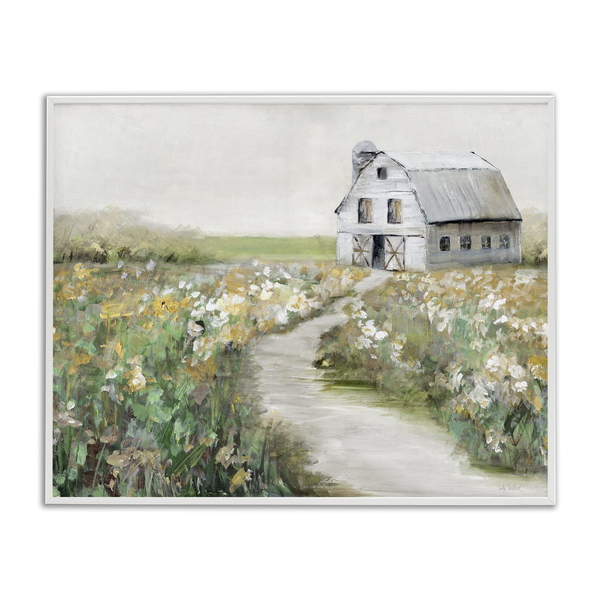 Stupell Industries Farmyard Path to Barn Landscape & Nature Painting White Framed Art Print Wall Art, 30 x 24