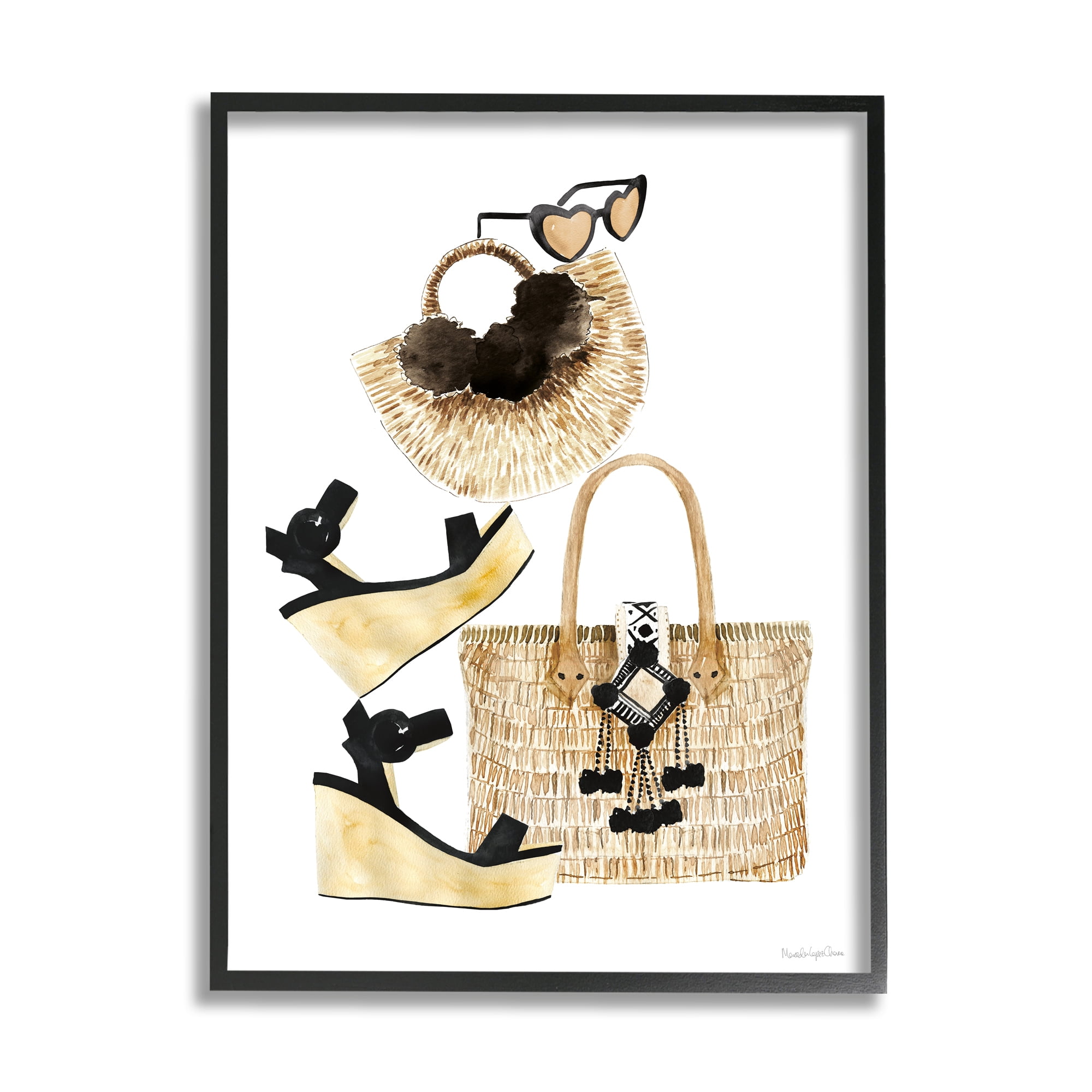 Stupell Industries Fashion Accessory Arrangement Wicker Bags and Wedges Beauty & Fashion Painting Black Framed Art Print Wall Art, 24 x 30