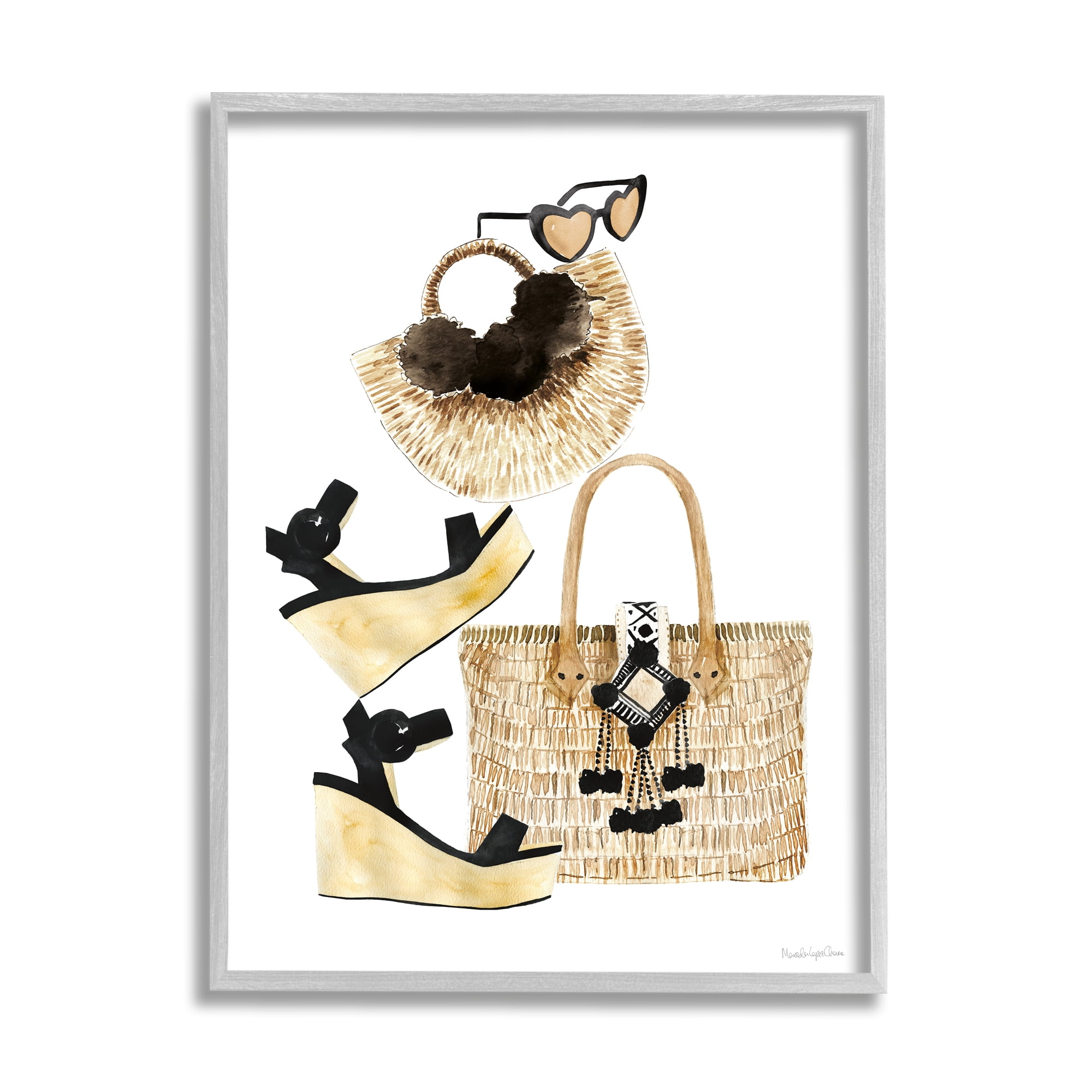 Stupell Industries Fashion Accessory Arrangement Wicker Bags and Wedges Beauty & Fashion Painting Gray Framed Art Print Wall Art, 16 x 20