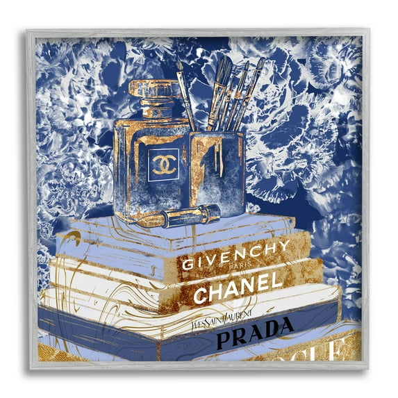 Stupell Industries Fashion Book Pile Glam Designer Accessories Blue Gold Beauty & Fashion Painting Gray Framed Art Print Wall Art, 24 x 24