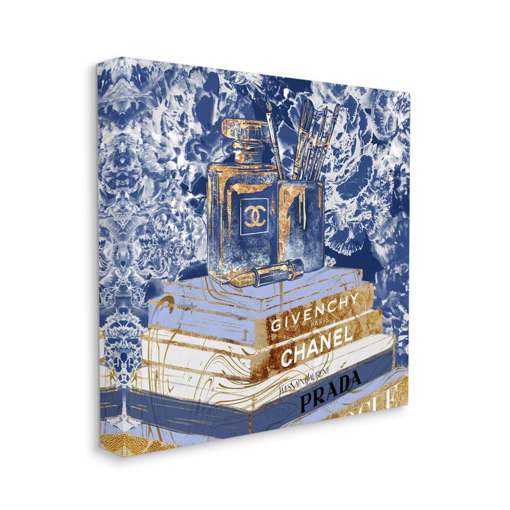Blue and Gold Fashion Book Pile Canvas Wall Art, 24" x 24"