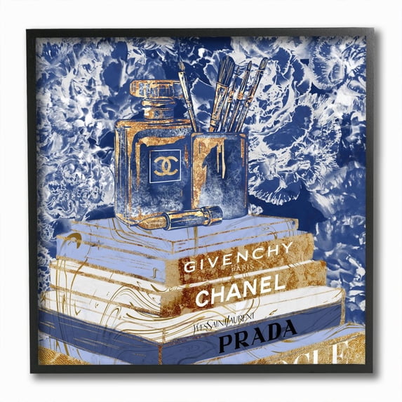 Stupell Industries Fashion Book Pile Glam Designer Accessories Blue Gold Framed Wall Art Design by Ziwei Li, 12" x 12", Black Framed