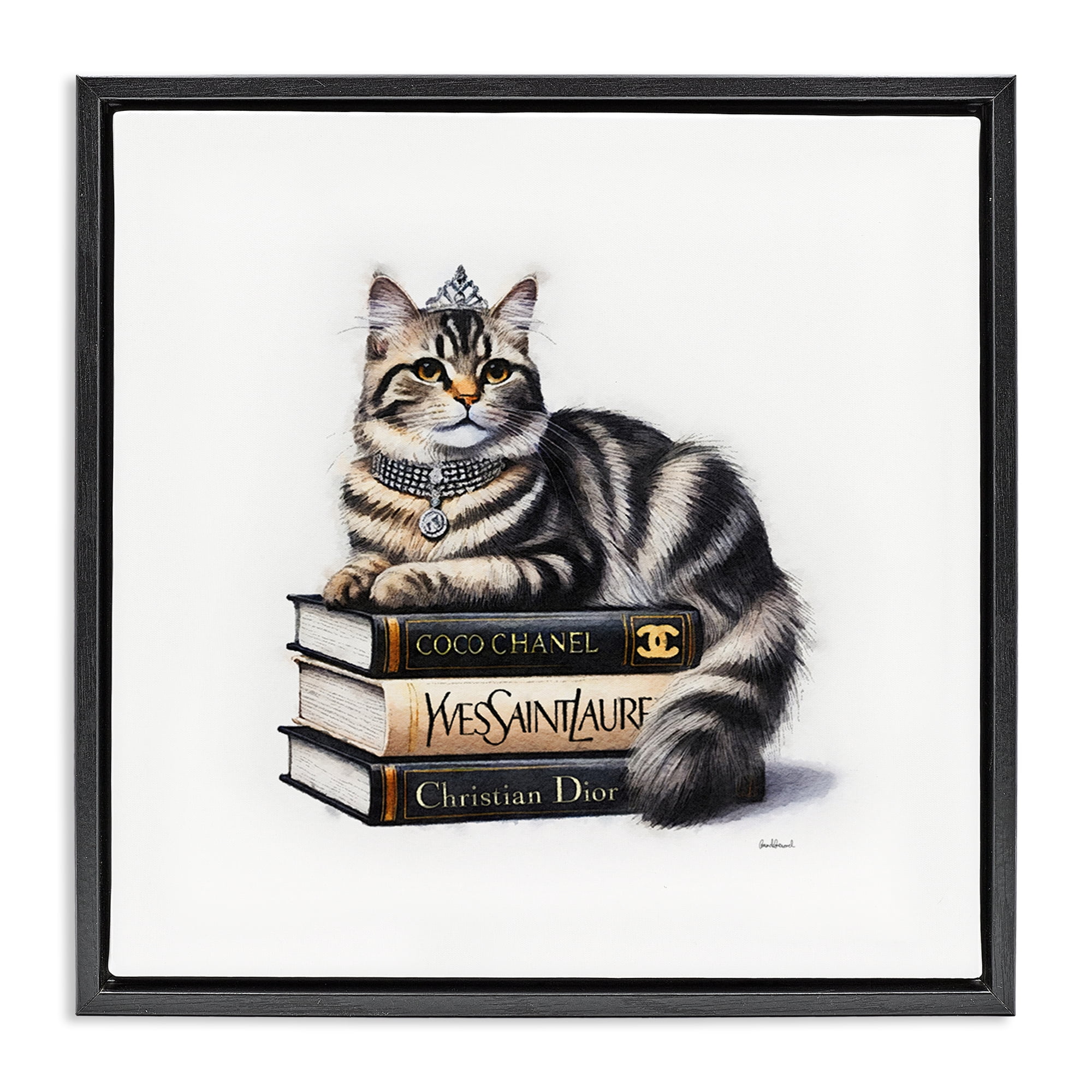 Stupell Industries Fashion Books & Cat Animals Painting Black Floater Framed Canvas Art Print Wall Art, 18 x 18